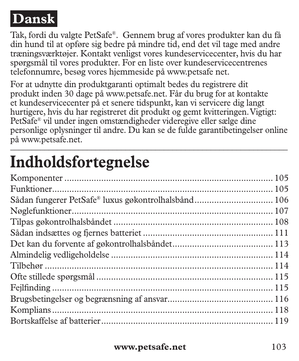 Indholdsfortegnelse | Petsafe Deluxe Big Dog Bark Control User Manual | Page 103 / 120