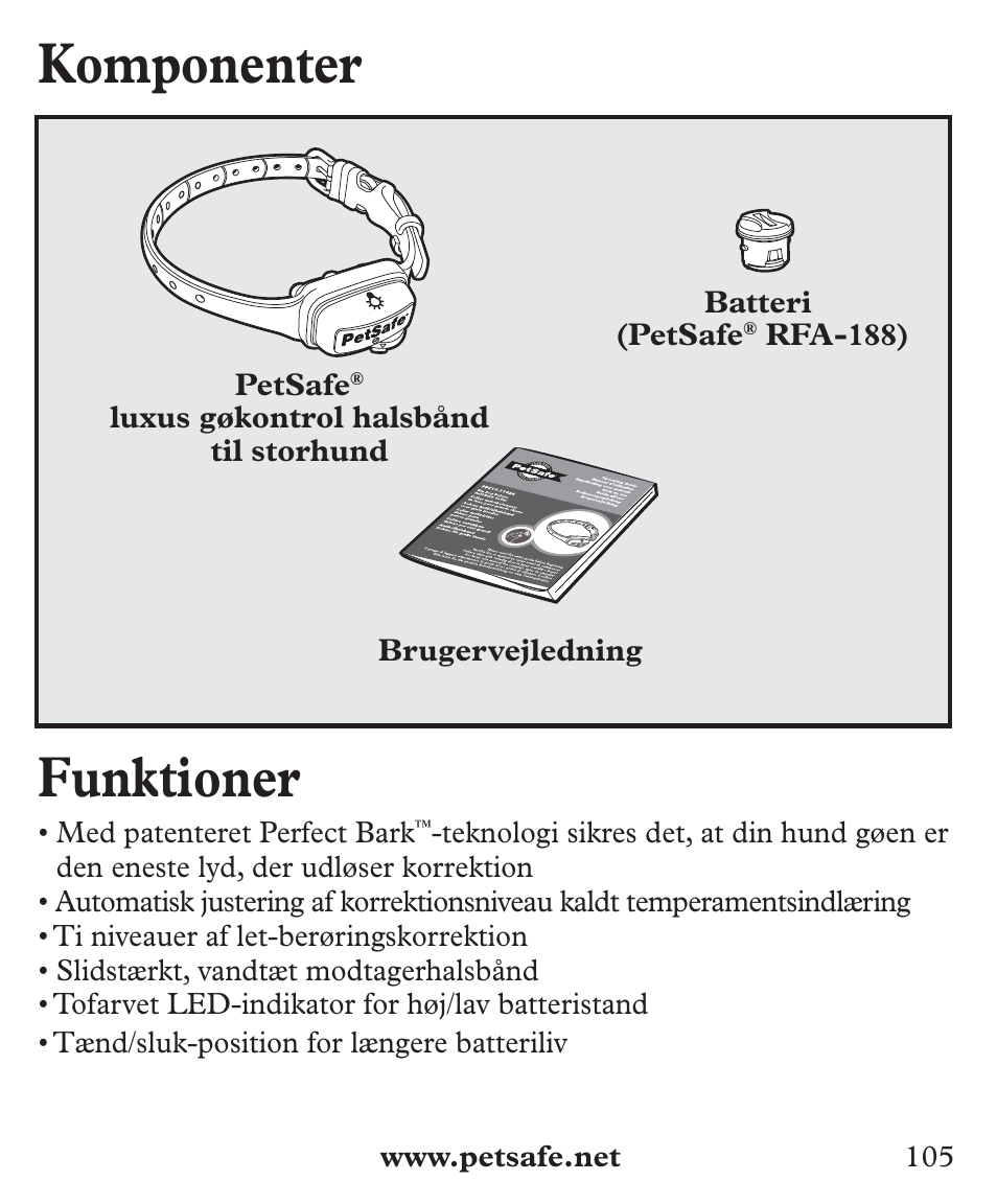 Komponenter funktioner | Petsafe Deluxe Big Dog Bark Control User Manual | Page 105 / 120