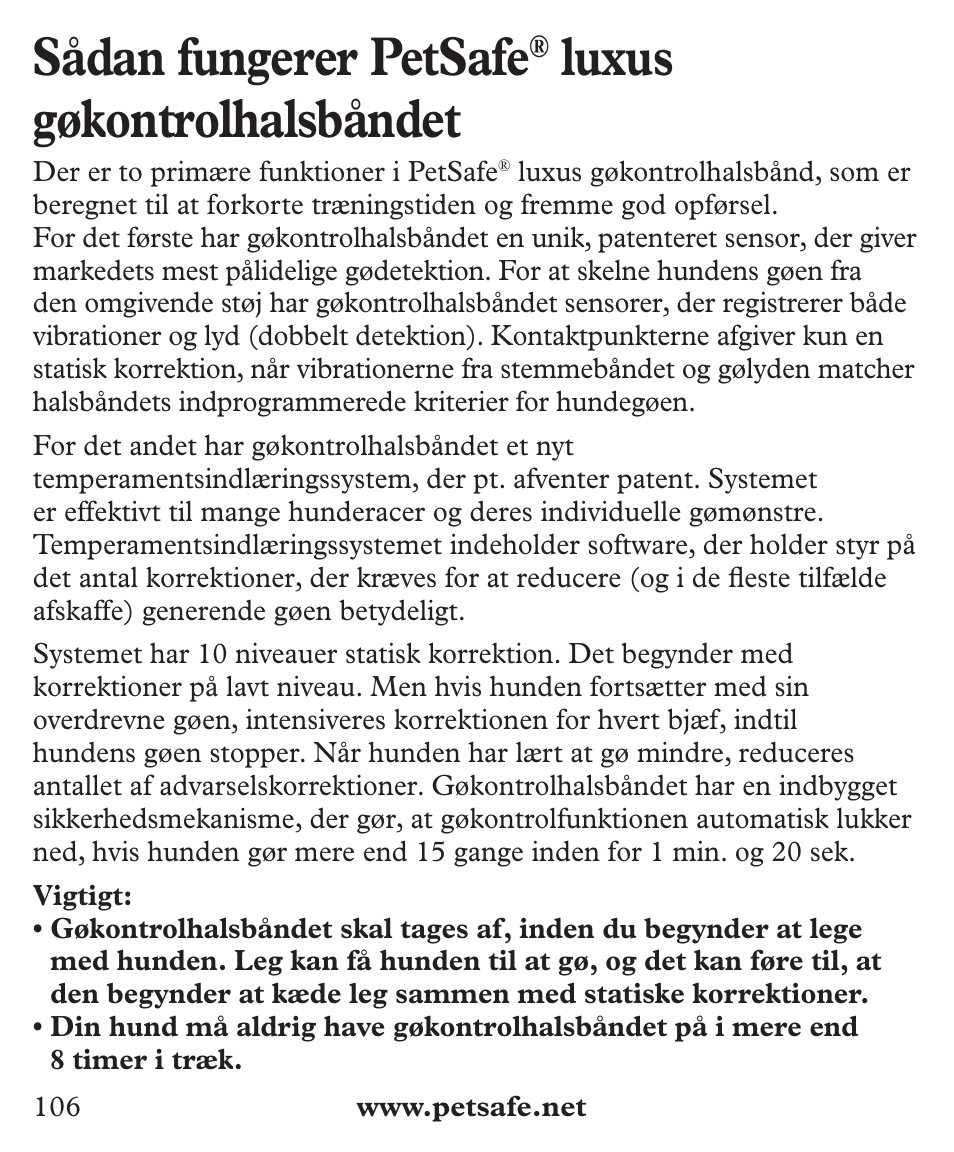 Sådan fungerer petsafe, Luxus gøkontrolhalsbåndet | Petsafe Deluxe Big Dog Bark Control User Manual | Page 106 / 120