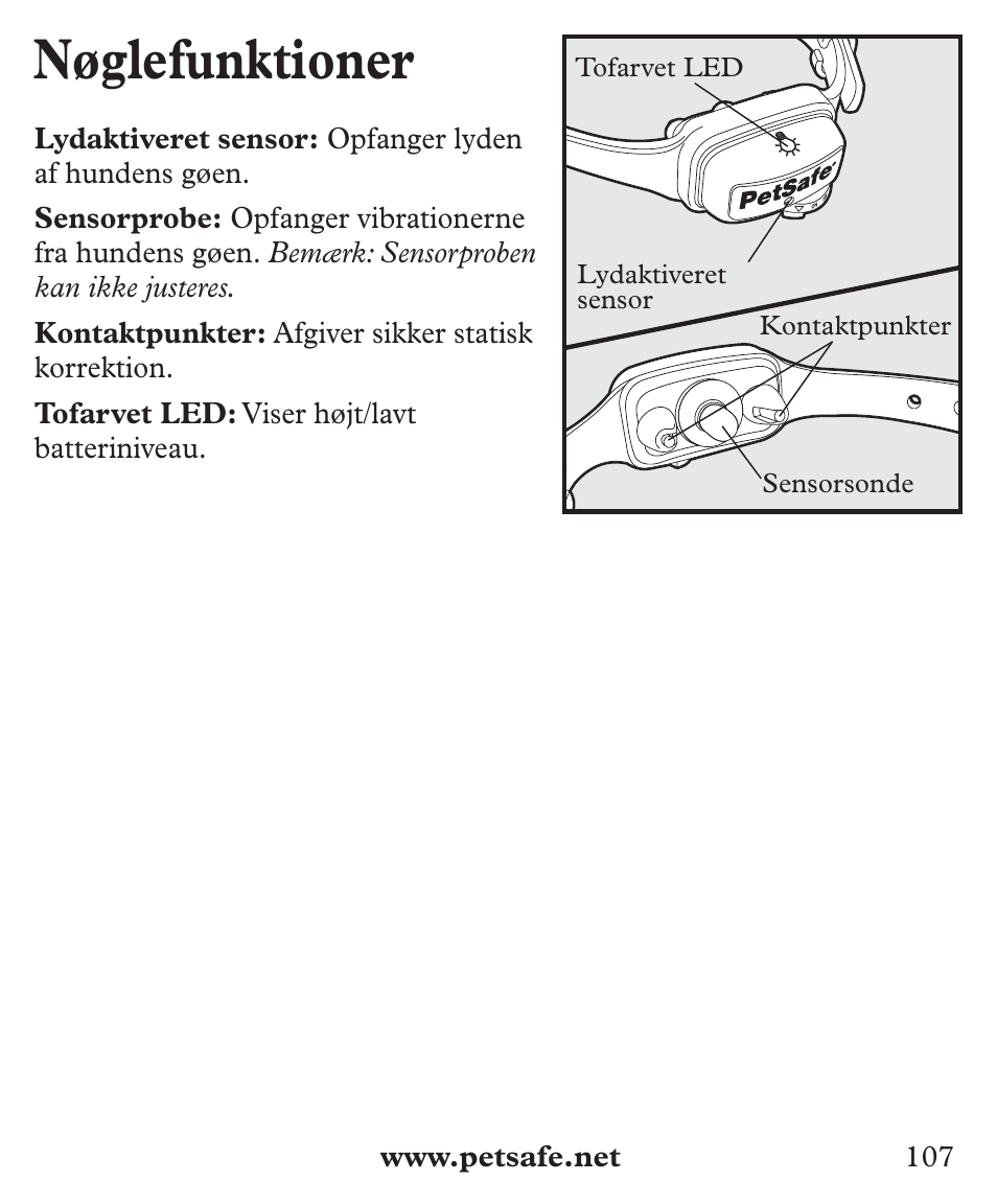 Nøglefunktioner | Petsafe Deluxe Big Dog Bark Control User Manual | Page 107 / 120