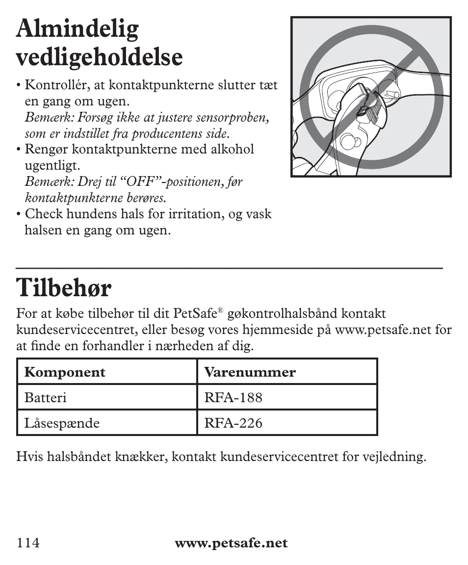 Almindelig vedligeholdelse, Tilbehør | Petsafe Deluxe Big Dog Bark Control User Manual | Page 114 / 120