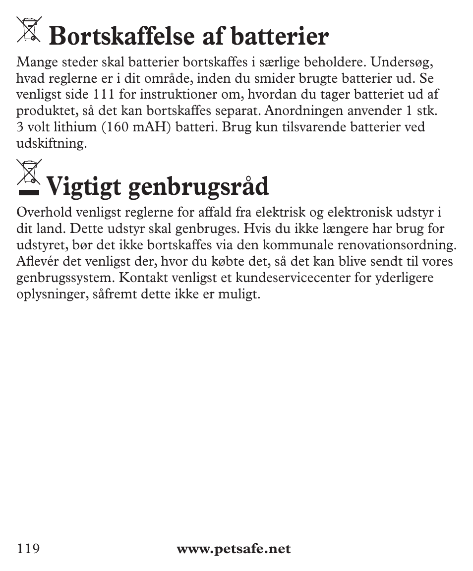 Bortskaffelse af batterier, Vigtigt genbrugsråd | Petsafe Deluxe Big Dog Bark Control User Manual | Page 119 / 120