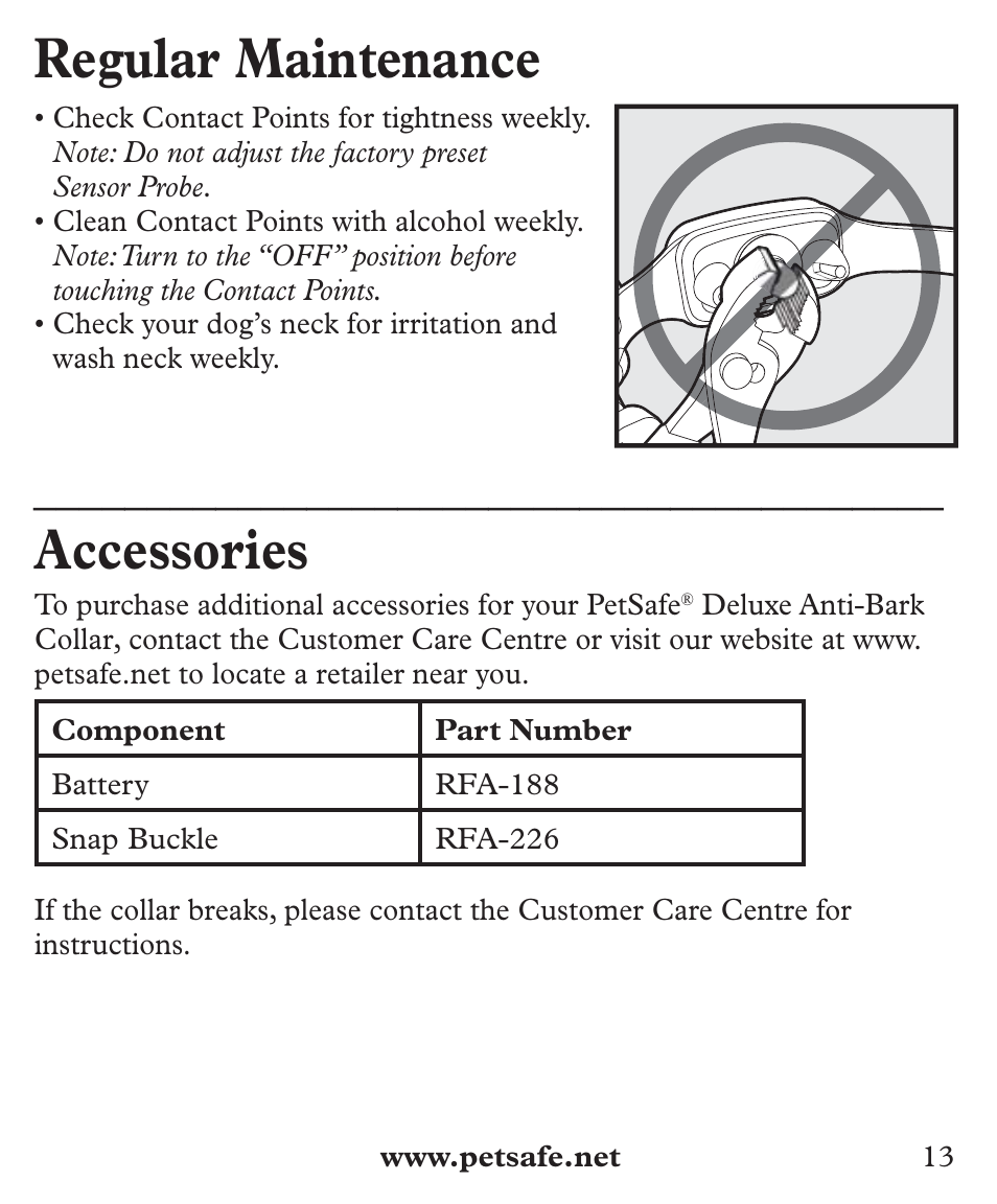 Regular maintenance, Accessories | Petsafe Deluxe Big Dog Bark Control User Manual | Page 13 / 120
