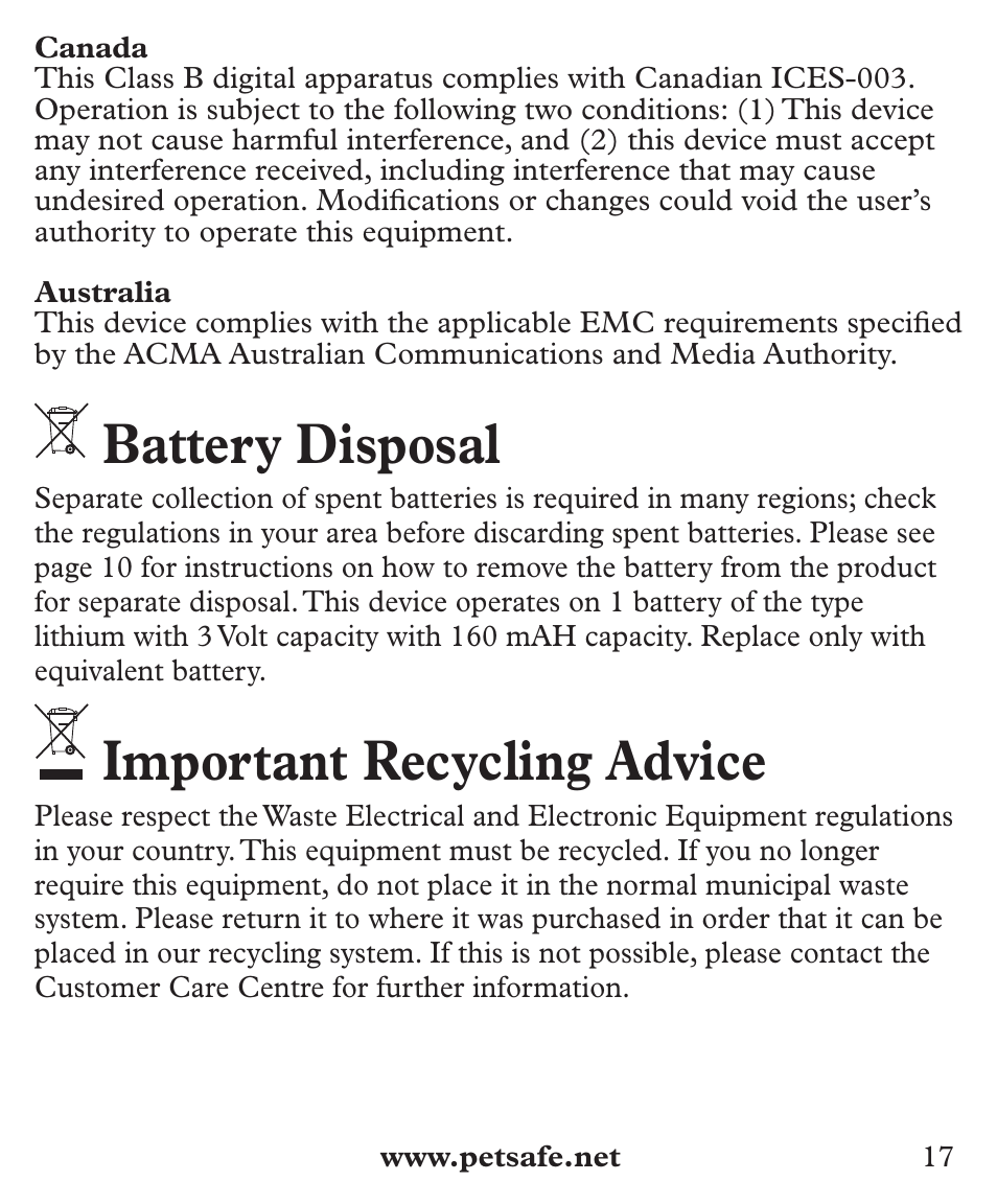 Battery disposal, Important recycling advice | Petsafe Deluxe Big Dog Bark Control User Manual | Page 17 / 120