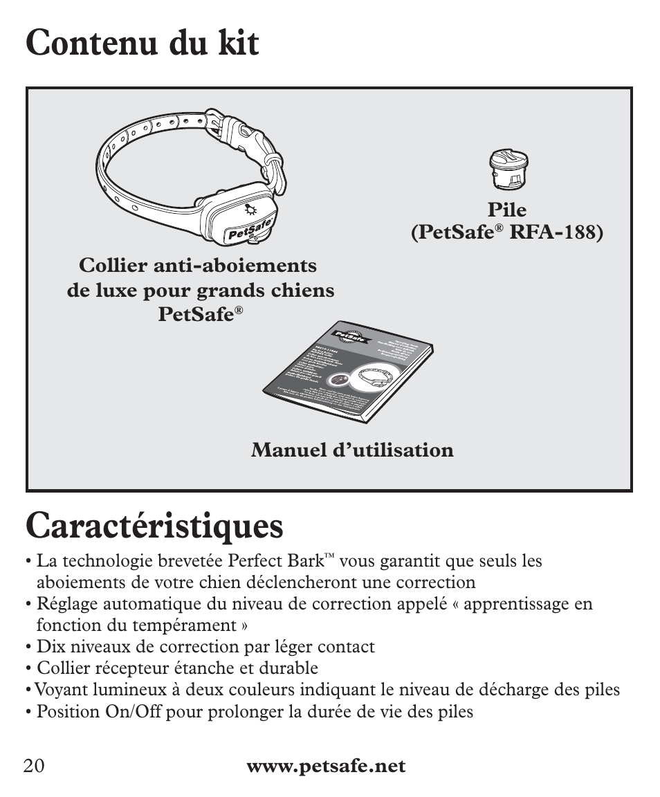 Contenu du kit, Caractéristiques | Petsafe Deluxe Big Dog Bark Control User Manual | Page 20 / 120