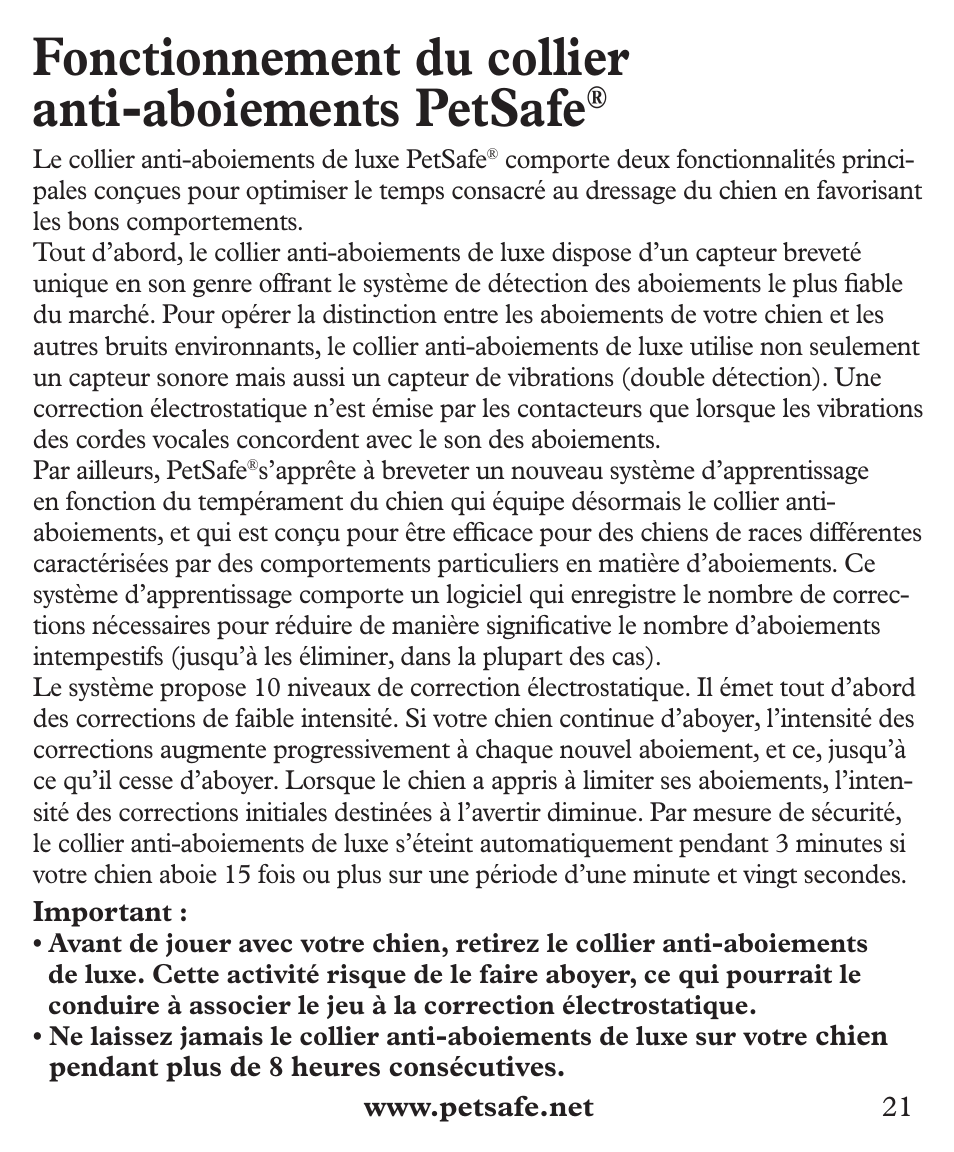 Fonctionnement du collier anti-aboiements petsafe | Petsafe Deluxe Big Dog Bark Control User Manual | Page 21 / 120