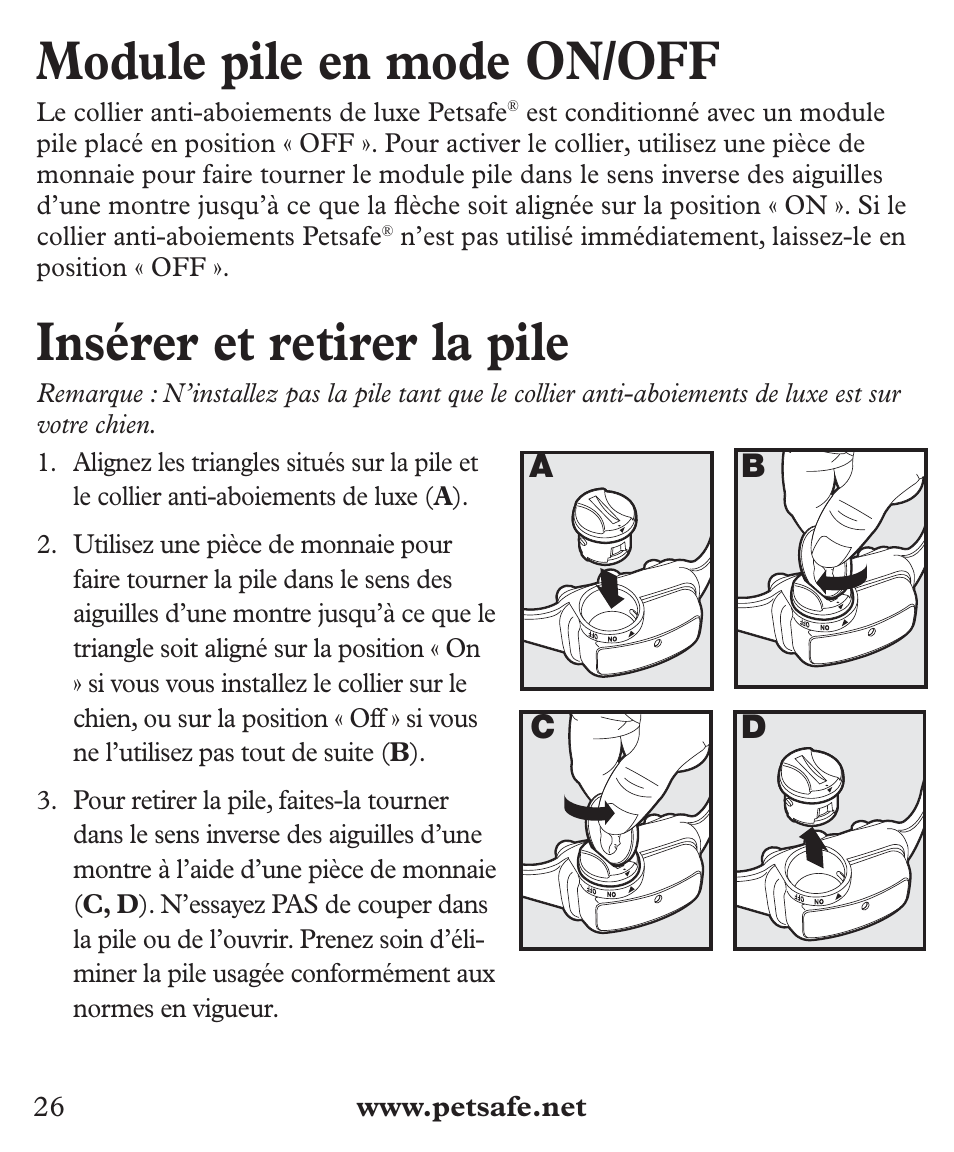Module pile en mode on/off, Insérer et retirer la pile | Petsafe Deluxe Big Dog Bark Control User Manual | Page 26 / 120