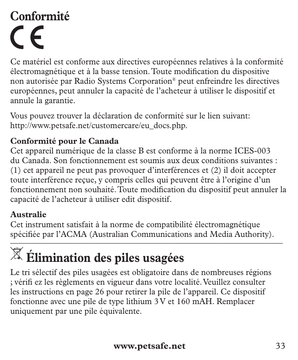 Conformité, Élimination des piles usagées | Petsafe Deluxe Big Dog Bark Control User Manual | Page 33 / 120