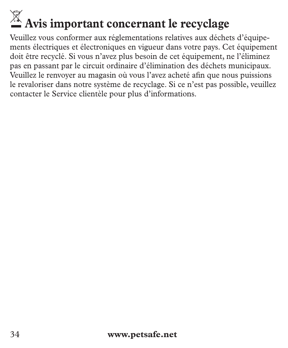 Avis important concernant le recyclage | Petsafe Deluxe Big Dog Bark Control User Manual | Page 34 / 120