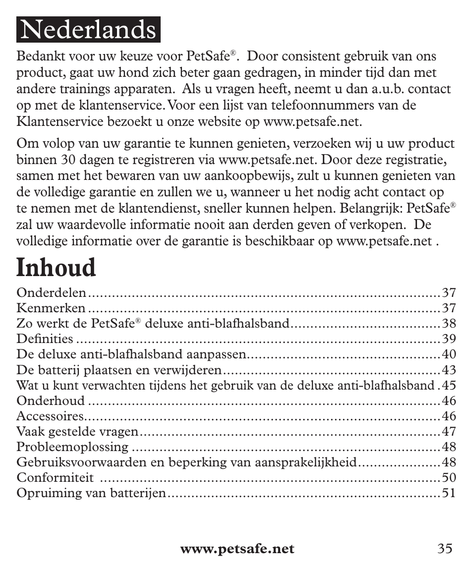 Inhoud, Nederlands | Petsafe Deluxe Big Dog Bark Control User Manual | Page 35 / 120