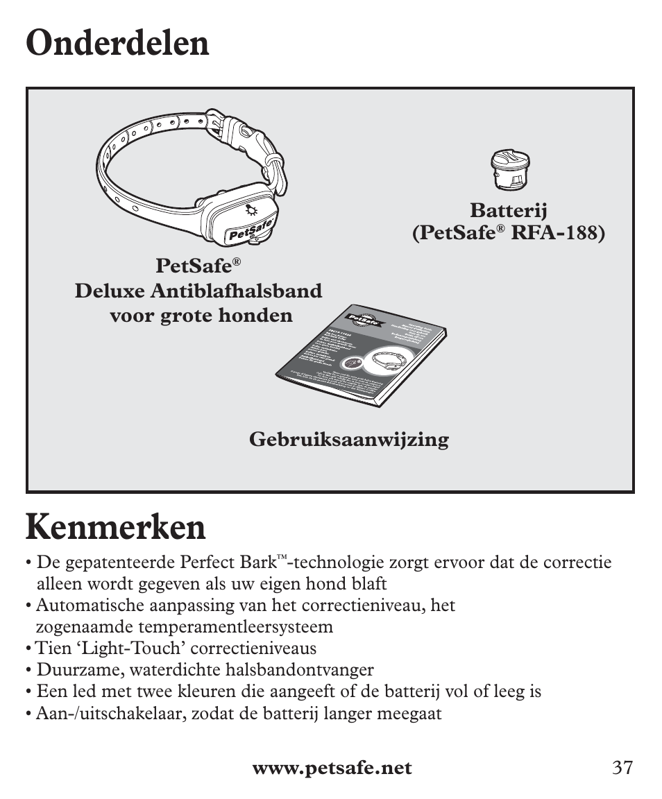 Onderdelen, Kenmerken | Petsafe Deluxe Big Dog Bark Control User Manual | Page 37 / 120