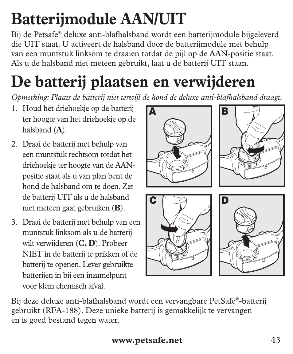 Batterijmodule aan/uit, De batterij plaatsen en verwijderen | Petsafe Deluxe Big Dog Bark Control User Manual | Page 43 / 120