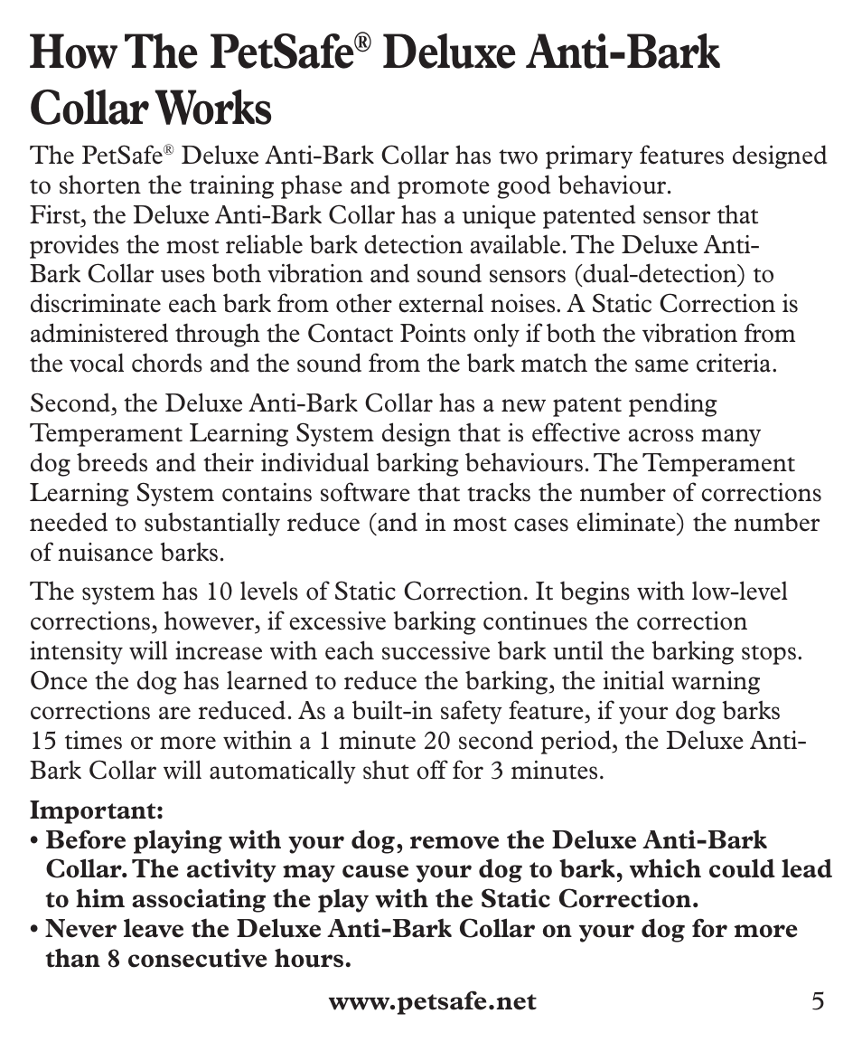 How the petsafe, Deluxe anti-bark collar works | Petsafe Deluxe Big Dog Bark Control User Manual | Page 5 / 120