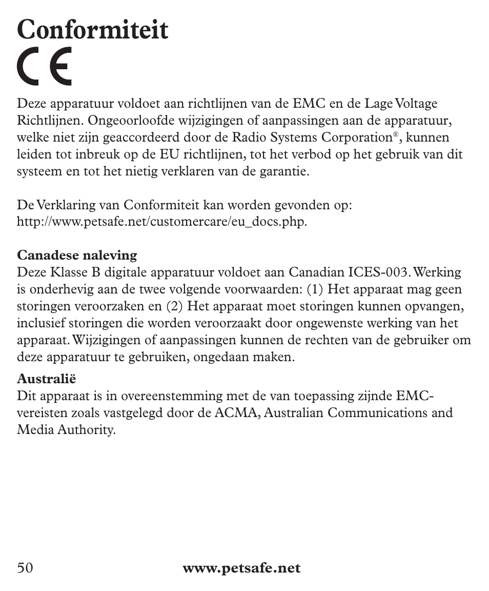 Conformiteit | Petsafe Deluxe Big Dog Bark Control User Manual | Page 50 / 120