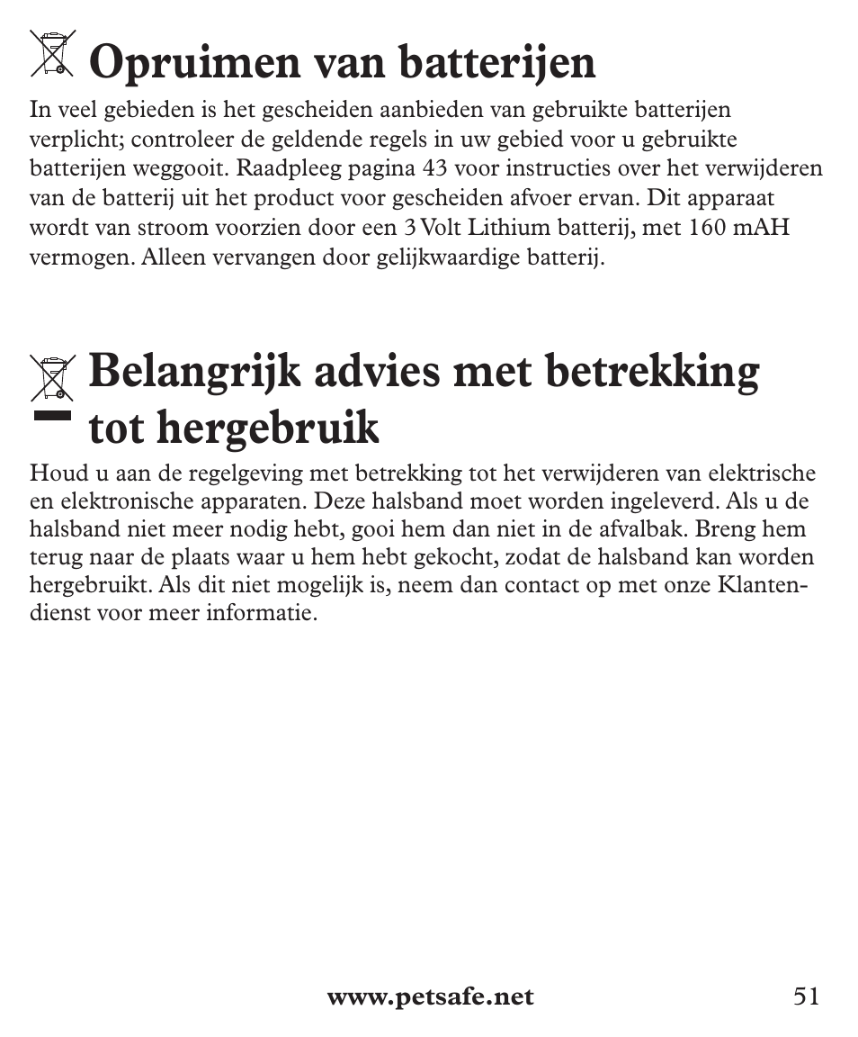 Opruimen van batterijen, Belangrijk advies met betrekking tot hergebruik | Petsafe Deluxe Big Dog Bark Control User Manual | Page 51 / 120