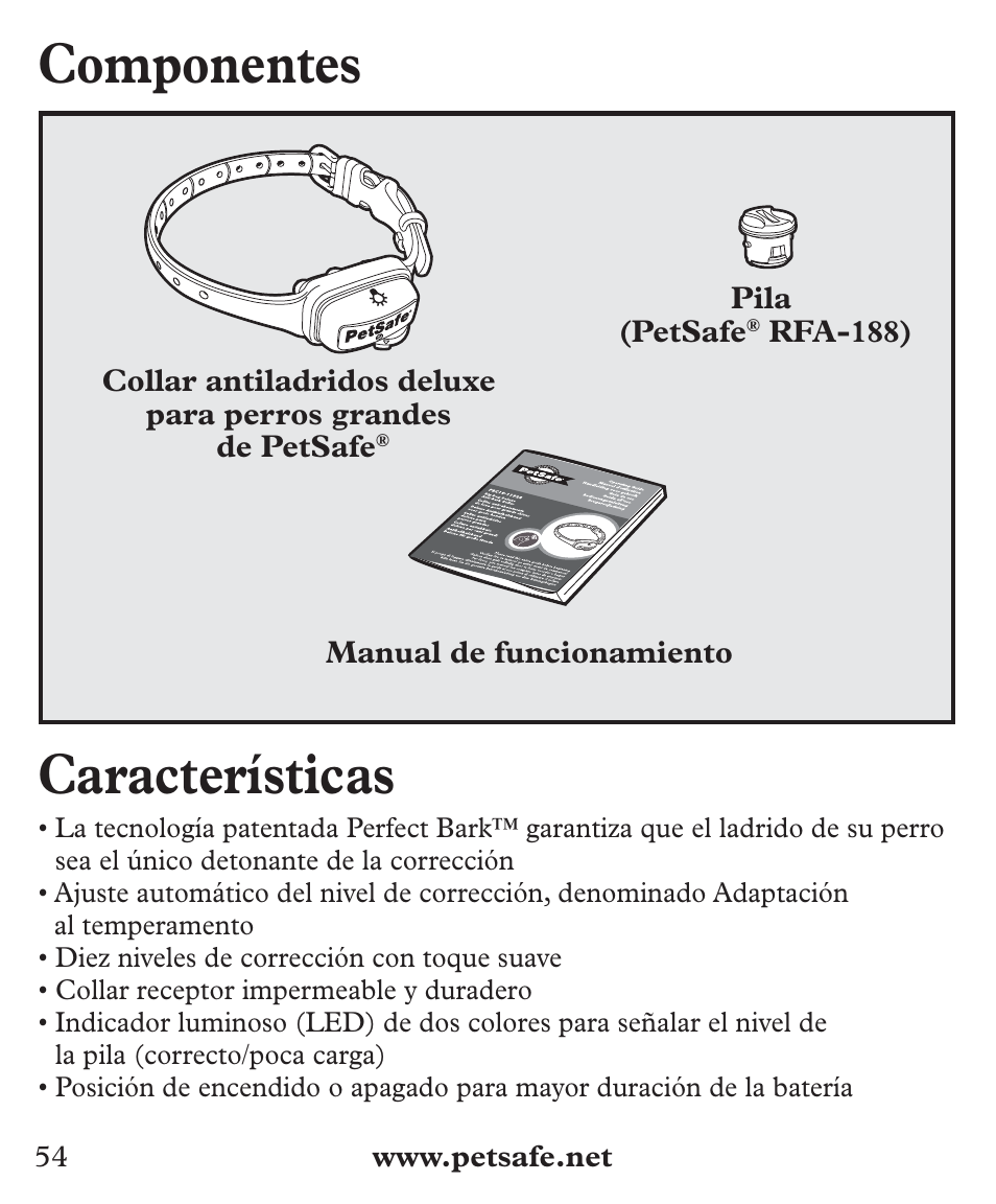 Componentes, Características | Petsafe Deluxe Big Dog Bark Control User Manual | Page 54 / 120