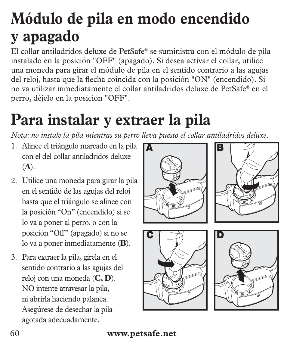 Módulo de pila en modo encendido y apagado, Para instalar y extraer la pila | Petsafe Deluxe Big Dog Bark Control User Manual | Page 60 / 120