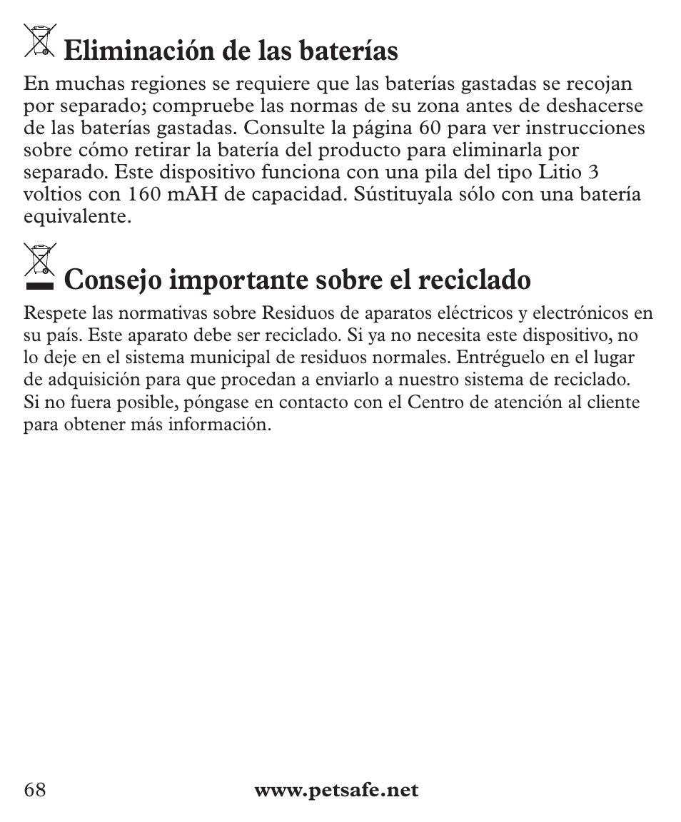 Eliminación de las baterías, Consejo importante sobre el reciclado | Petsafe Deluxe Big Dog Bark Control User Manual | Page 68 / 120