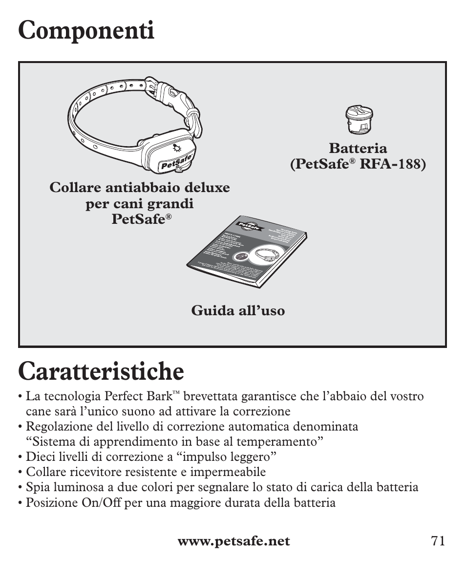 Componenti, Caratteristiche | Petsafe Deluxe Big Dog Bark Control User Manual | Page 71 / 120