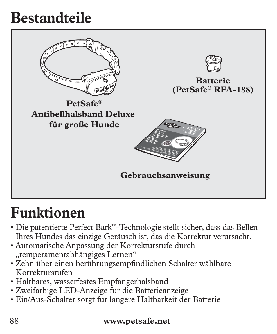 Bestandteile, Funktionen | Petsafe Deluxe Big Dog Bark Control User Manual | Page 88 / 120