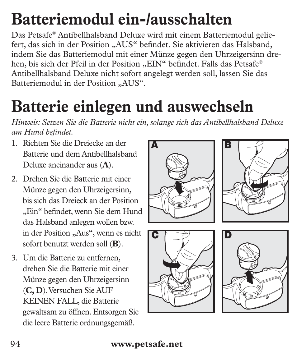 Batteriemodul ein-/ausschalten, Batterie einlegen und auswechseln | Petsafe Deluxe Big Dog Bark Control User Manual | Page 94 / 120