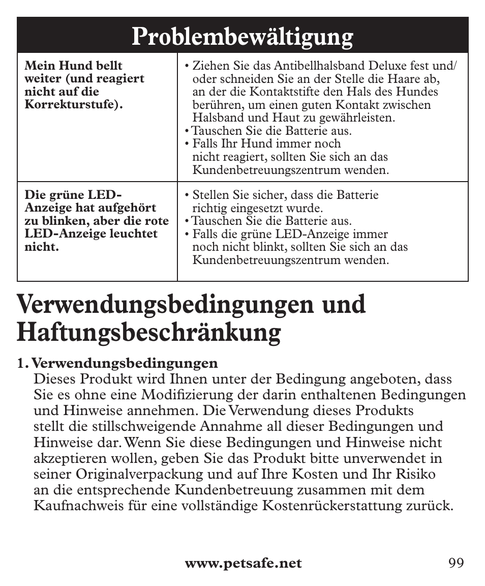 Verwendungsbedingungen und haftungsbeschränkung, Problembewältigung | Petsafe Deluxe Big Dog Bark Control User Manual | Page 99 / 120