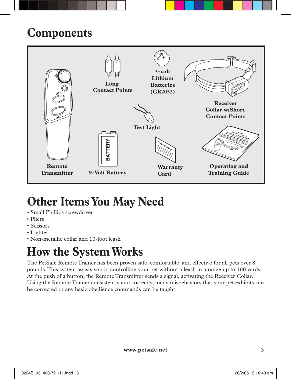 Components, Other items you may need, How the system works | Volt battery remote transmitter | Petsafe Deluxe Big Dog Remote Trainer User Manual | Page 3 / 56