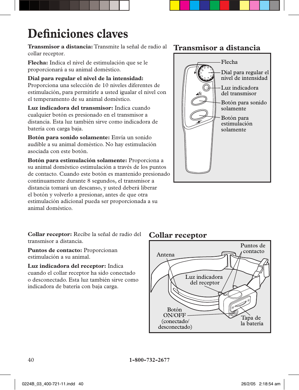 Defi niciones claves, Transmisor a distancia, Collar receptor | Petsafe Deluxe Big Dog Remote Trainer User Manual | Page 40 / 56