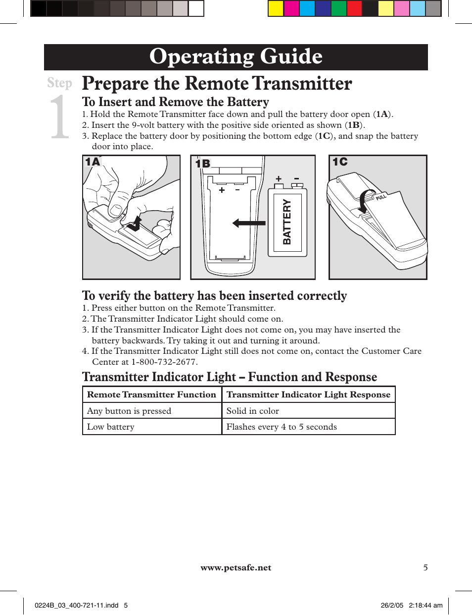 Operating guide, Prepare the remote transmitter, Step | Petsafe Deluxe Big Dog Remote Trainer User Manual | Page 5 / 56