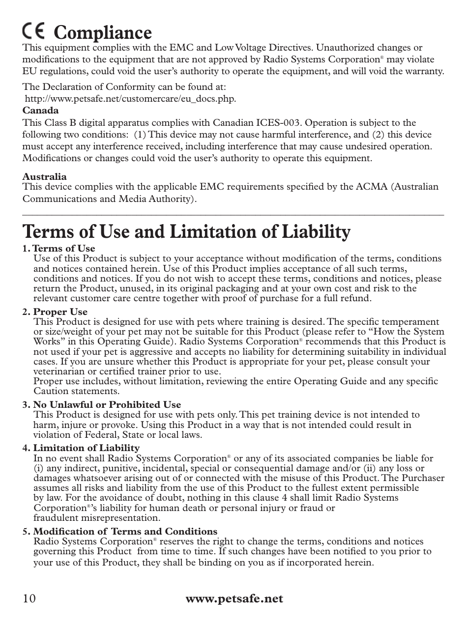 Compliance, Terms of use and limitation of liability | Petsafe Deluxe Big Dog Spray Bark Control Collar User Manual | Page 10 / 56