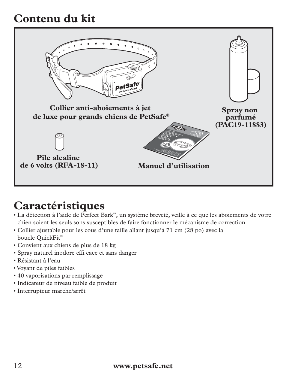 Contenu du kit, Caractéristiques | Petsafe Deluxe Big Dog Spray Bark Control Collar User Manual | Page 12 / 56