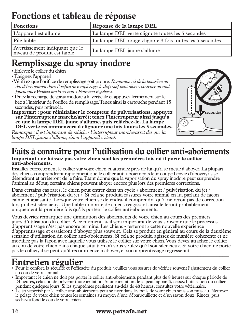 Fonctions et tableau de réponse, Remplissage du spray inodore, Entretien régulier | Petsafe Deluxe Big Dog Spray Bark Control Collar User Manual | Page 16 / 56