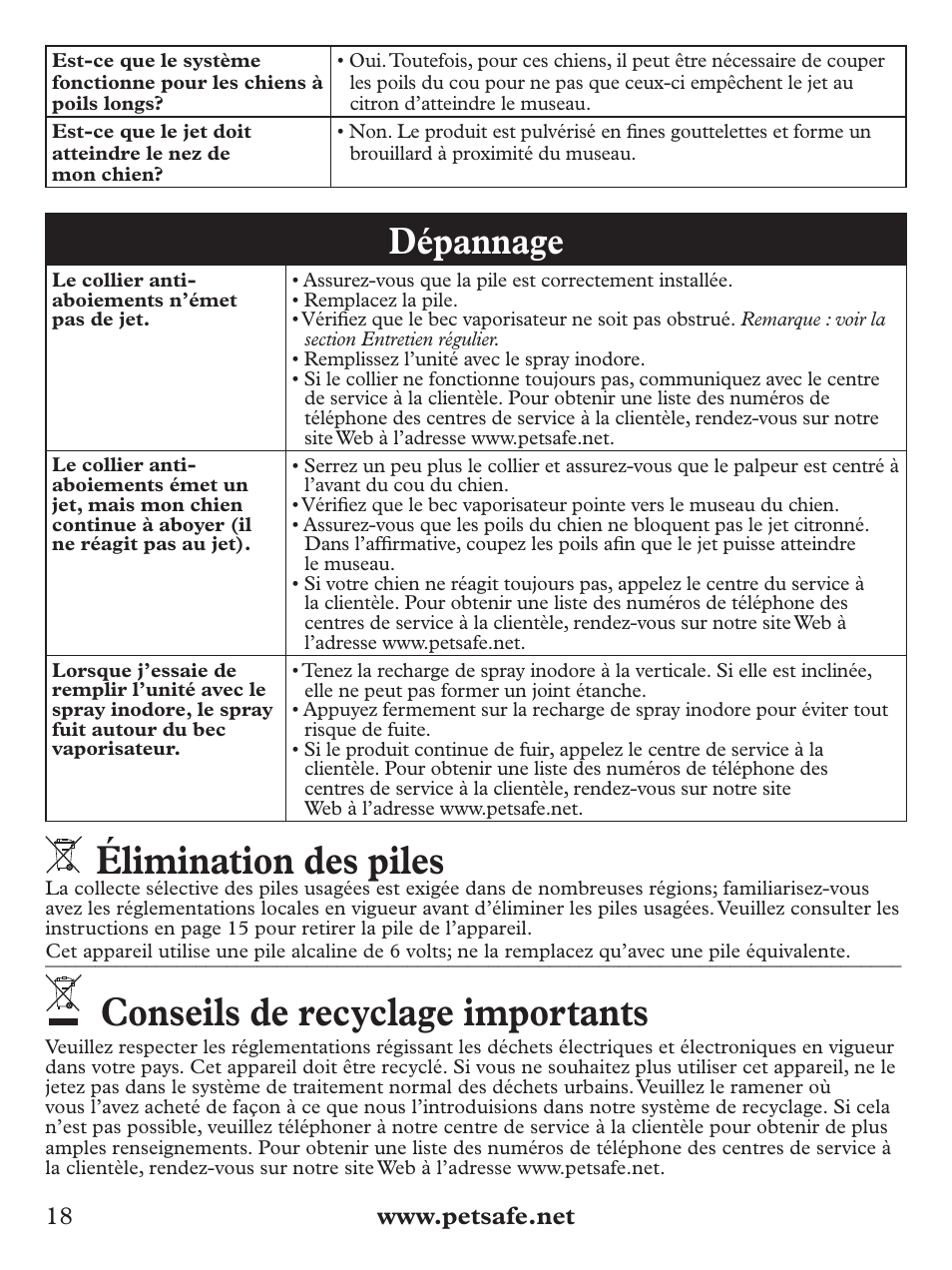 Élimination des piles, Conseils de recyclage importants, Dépannage | Petsafe Deluxe Big Dog Spray Bark Control Collar User Manual | Page 18 / 56