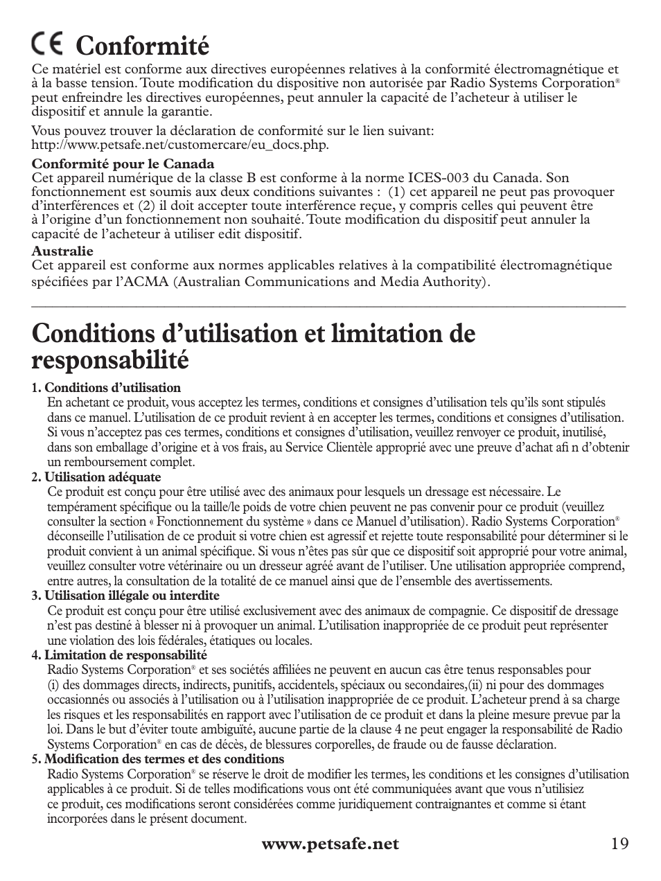 Conformité | Petsafe Deluxe Big Dog Spray Bark Control Collar User Manual | Page 19 / 56