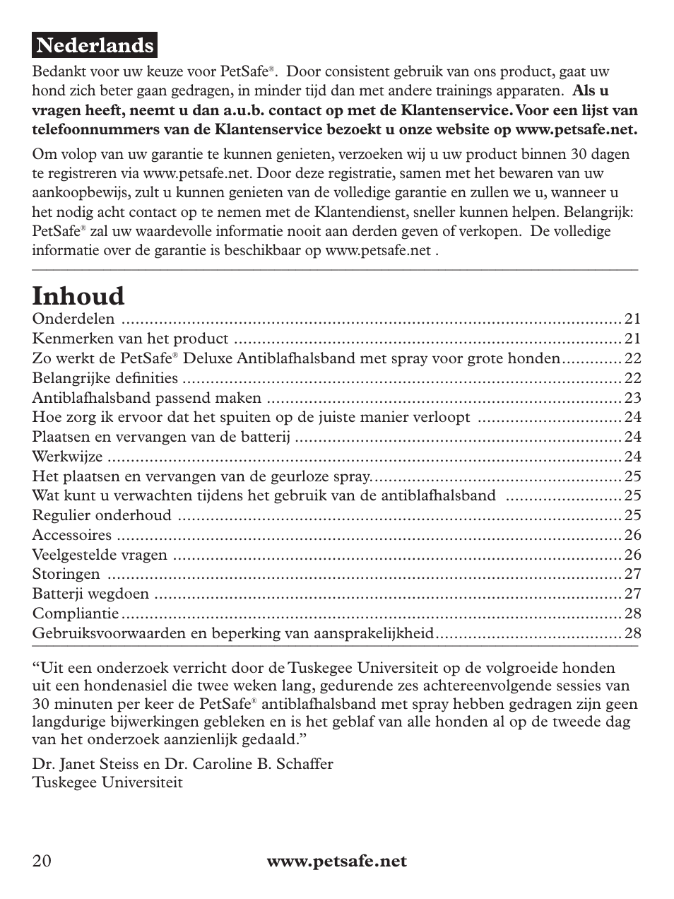 Inhoud | Petsafe Deluxe Big Dog Spray Bark Control Collar User Manual | Page 20 / 56