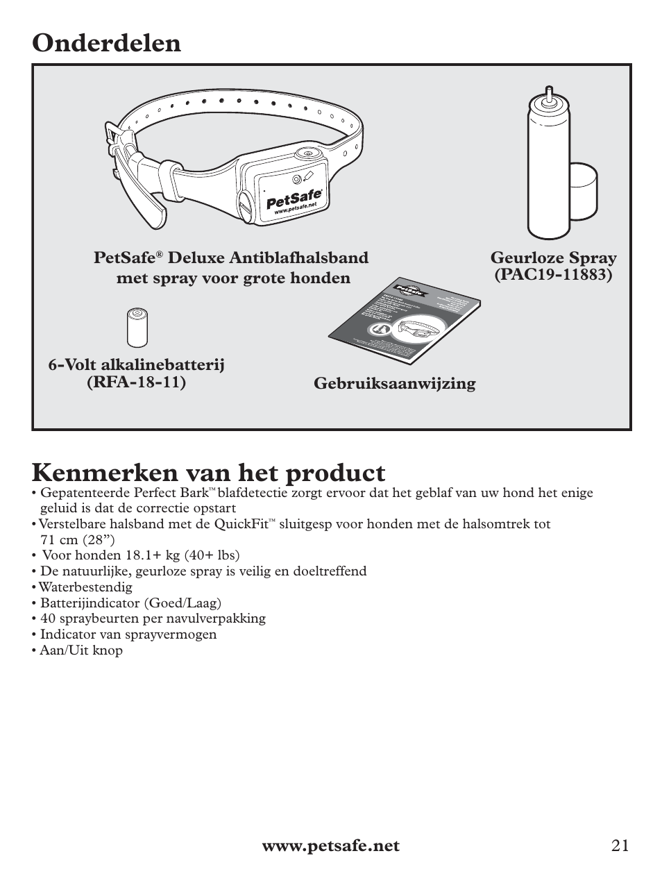 Onderdelen, Kenmerken van het product | Petsafe Deluxe Big Dog Spray Bark Control Collar User Manual | Page 21 / 56