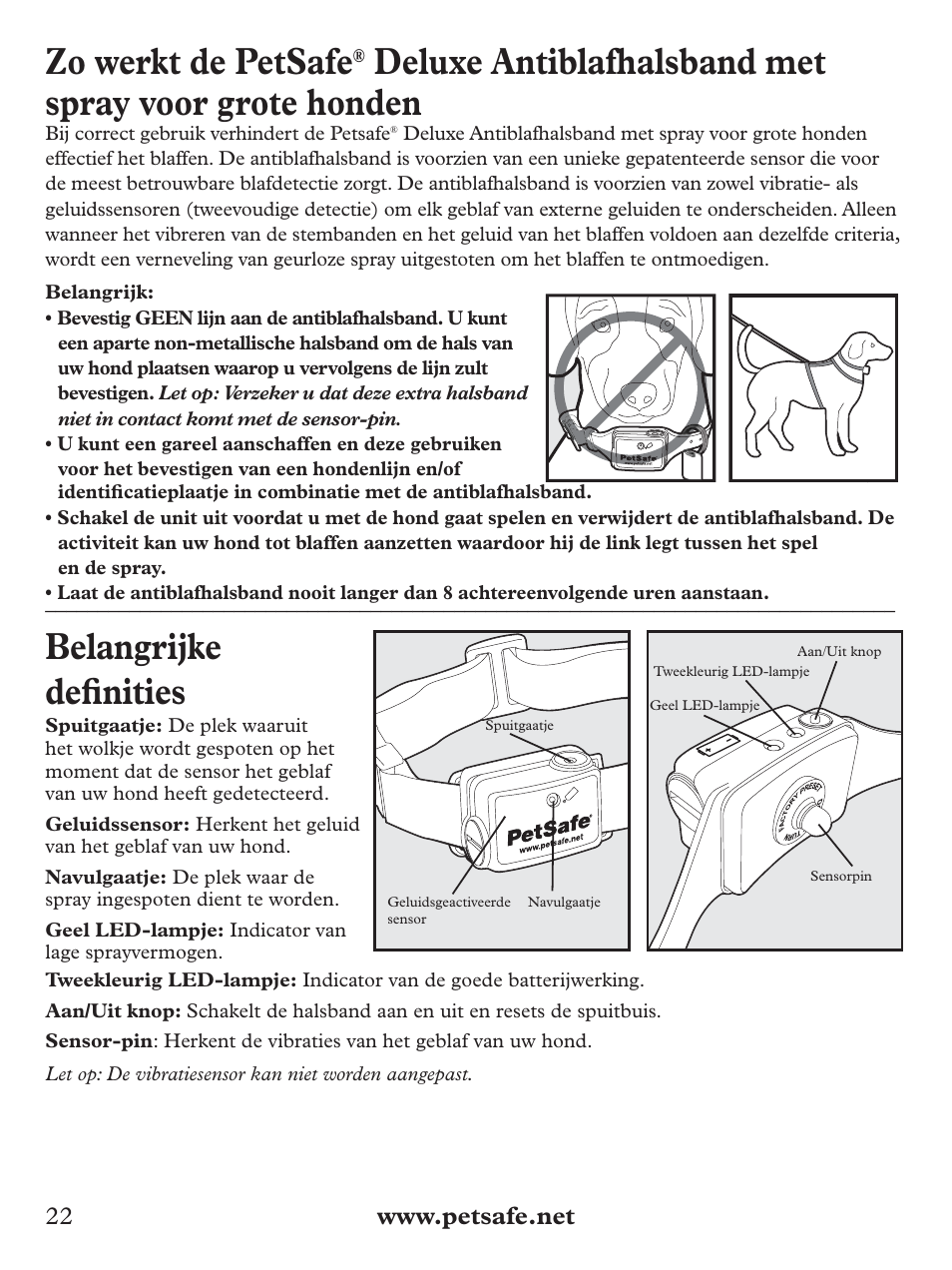 Zo werkt de petsafe, Belangrijke defi nities | Petsafe Deluxe Big Dog Spray Bark Control Collar User Manual | Page 22 / 56