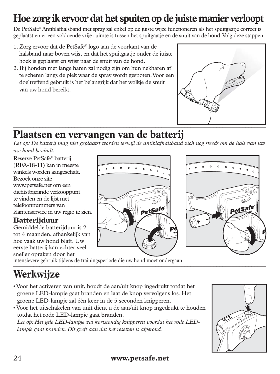 Plaatsen en vervangen van de batterij, Werkwijze, Batterijduur | Petsafe Deluxe Big Dog Spray Bark Control Collar User Manual | Page 24 / 56