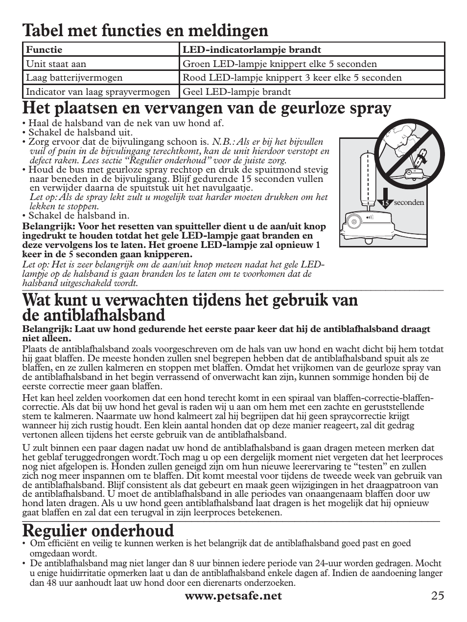 Tabel met functies en meldingen, Het plaatsen en vervangen van de geurloze spray, Regulier onderhoud | Petsafe Deluxe Big Dog Spray Bark Control Collar User Manual | Page 25 / 56