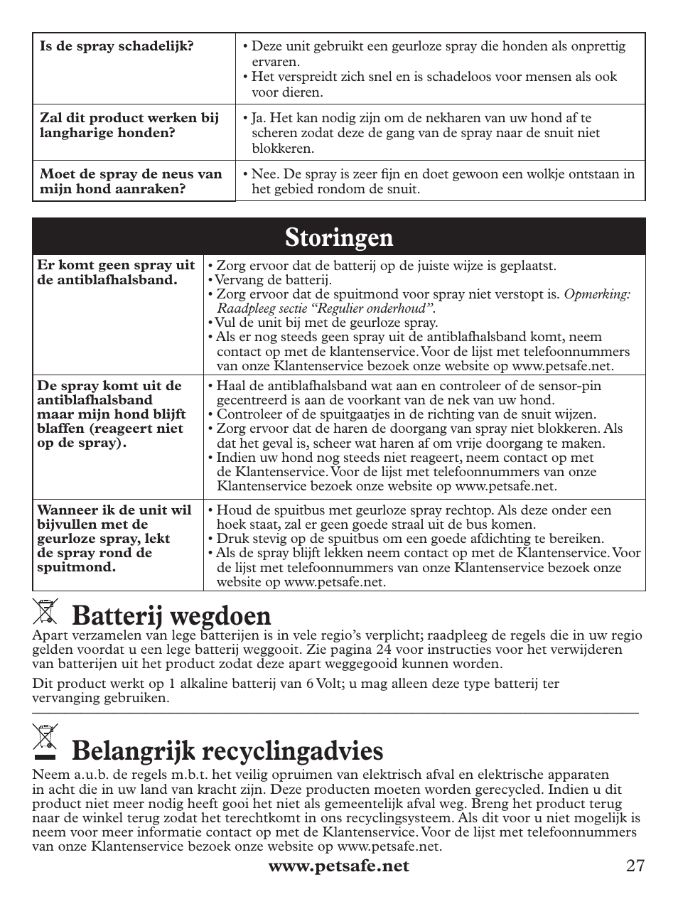 Batterij wegdoen, Belangrijk recyclingadvies, Storingen | Petsafe Deluxe Big Dog Spray Bark Control Collar User Manual | Page 27 / 56