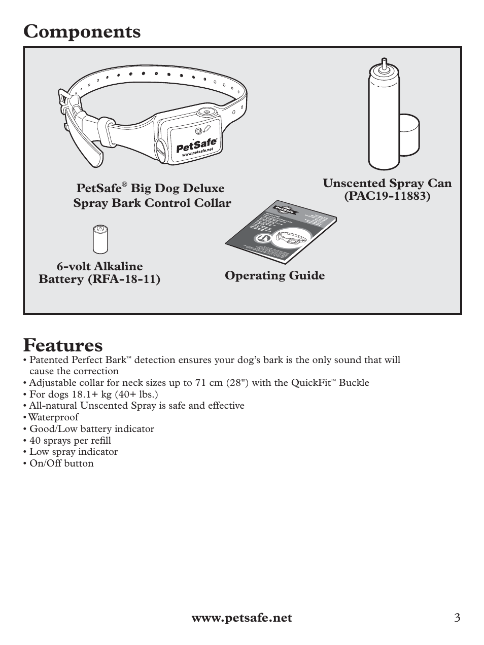 Components, Features | Petsafe Deluxe Big Dog Spray Bark Control Collar User Manual | Page 3 / 56