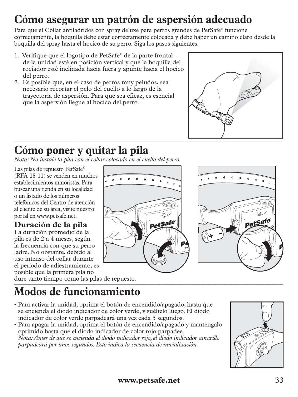 Cómo asegurar un patrón de aspersión adecuado, Cómo poner y quitar la pila, Modos de funcionamiento | Duración de la pila | Petsafe Deluxe Big Dog Spray Bark Control Collar User Manual | Page 33 / 56