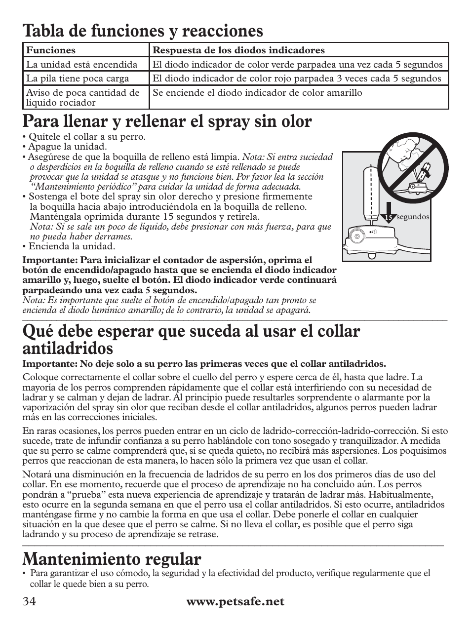 Tabla de funciones y reacciones, Para llenar y rellenar el spray sin olor, Mantenimiento regular | Petsafe Deluxe Big Dog Spray Bark Control Collar User Manual | Page 34 / 56