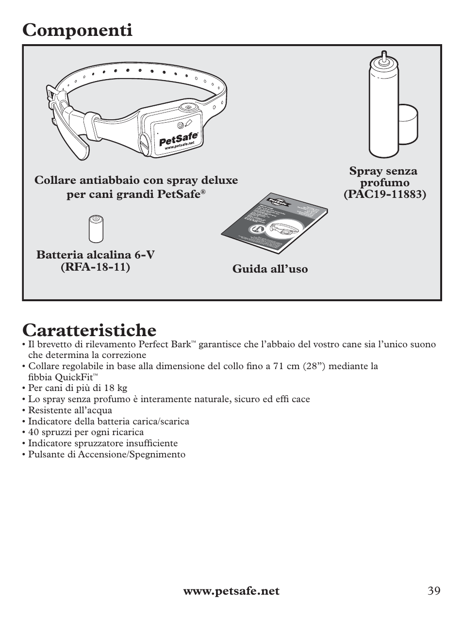 Componenti, Caratteristiche | Petsafe Deluxe Big Dog Spray Bark Control Collar User Manual | Page 39 / 56