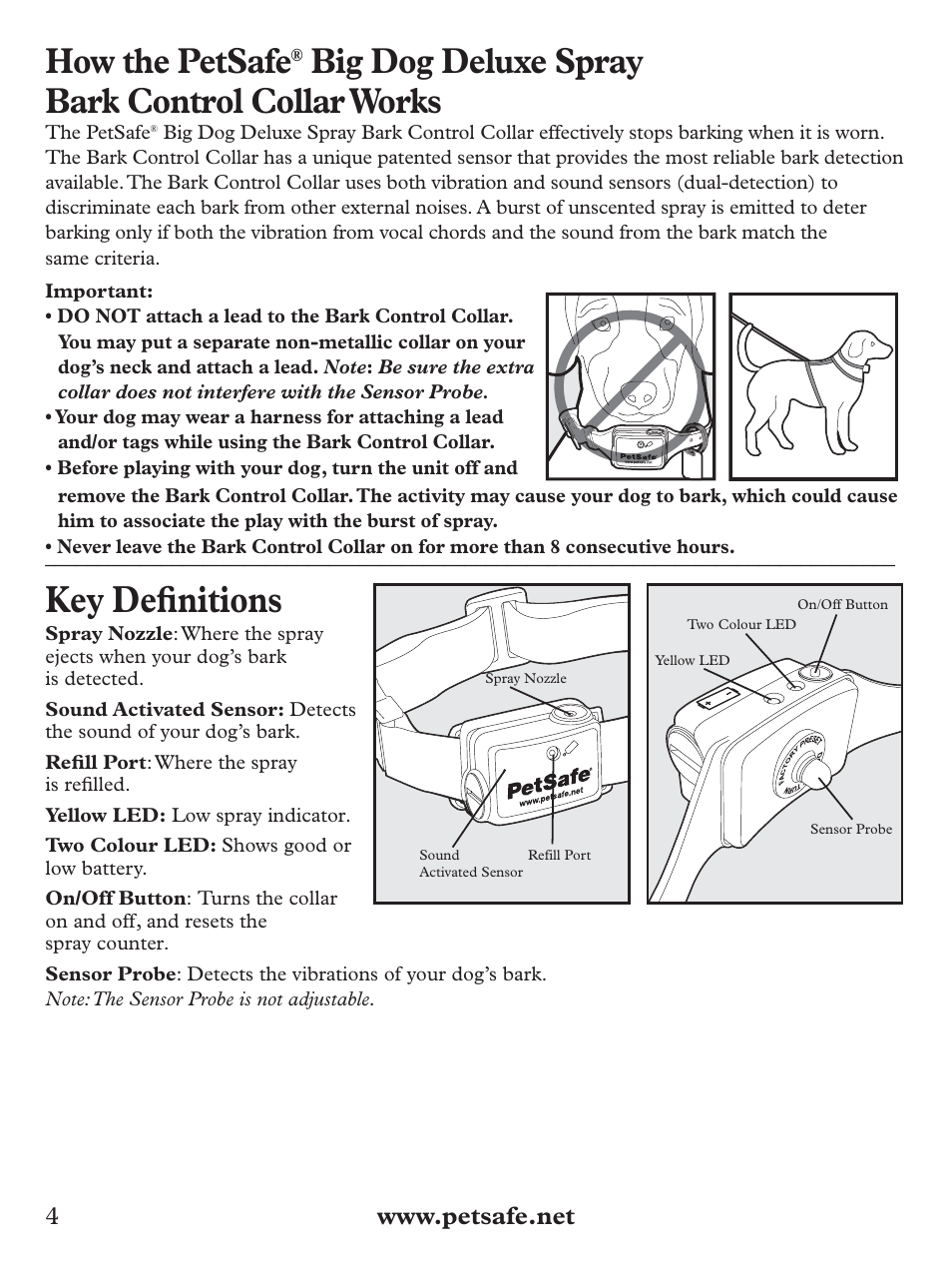 Key defi nitions, How the petsafe, Big dog deluxe spray bark control collar works | Petsafe Deluxe Big Dog Spray Bark Control Collar User Manual | Page 4 / 56