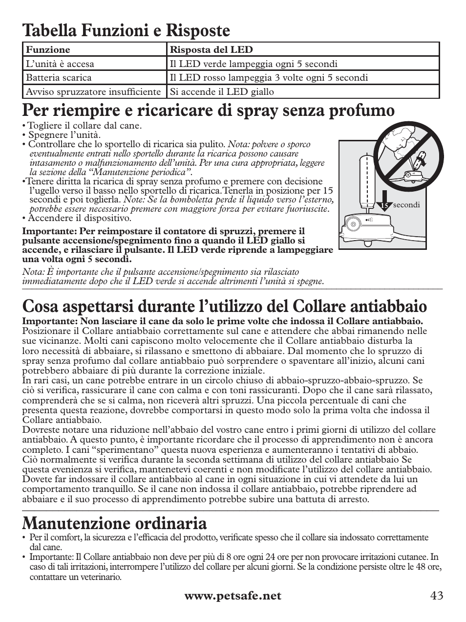 Tabella funzioni e risposte, Per riempire e ricaricare di spray senza profumo, Manutenzione ordinaria | Petsafe Deluxe Big Dog Spray Bark Control Collar User Manual | Page 43 / 56