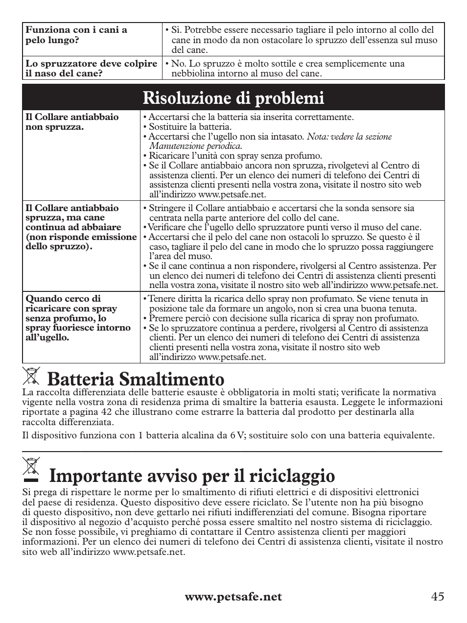 Batteria smaltimento, Importante avviso per il riciclaggio, Risoluzione di problemi | Petsafe Deluxe Big Dog Spray Bark Control Collar User Manual | Page 45 / 56