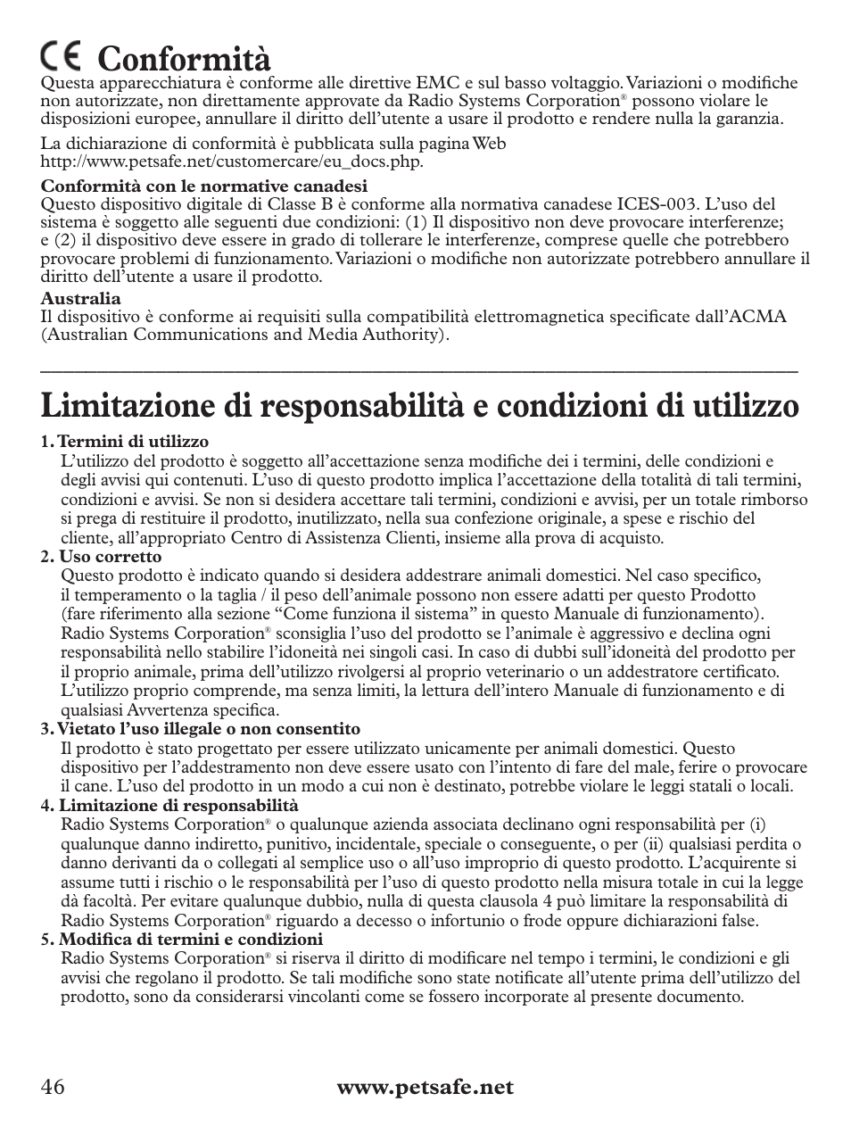 Conformità | Petsafe Deluxe Big Dog Spray Bark Control Collar User Manual | Page 46 / 56