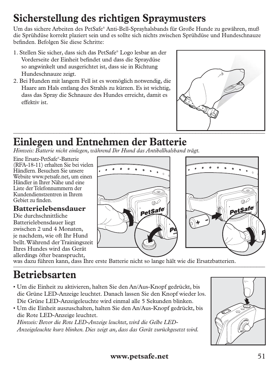 Sicherstellung des richtigen spraymusters, Einlegen und entnehmen der batterie, Betriebsarten | Batterielebensdauer | Petsafe Deluxe Big Dog Spray Bark Control Collar User Manual | Page 51 / 56