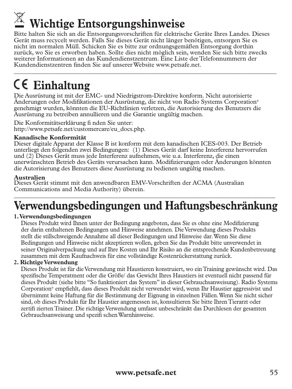 Wichtige entsorgungshinweise, Einhaltung, Verwendungsbedingungen und haftungsbeschränkung | Petsafe Deluxe Big Dog Spray Bark Control Collar User Manual | Page 55 / 56